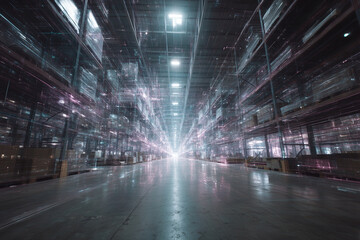 Automated warehouse with holographic racks and data streams representing a digital twin logistics system