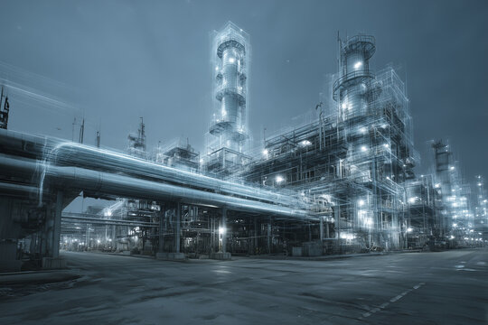 Large industrial refinery visualized with glowing holographic digital twin pipelines and structural data
