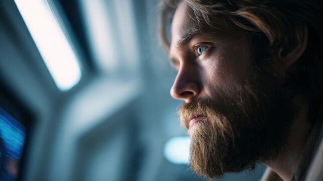 Focused Man Gazing into the Distance with Thoughtful Expression, illuminated by technology screen