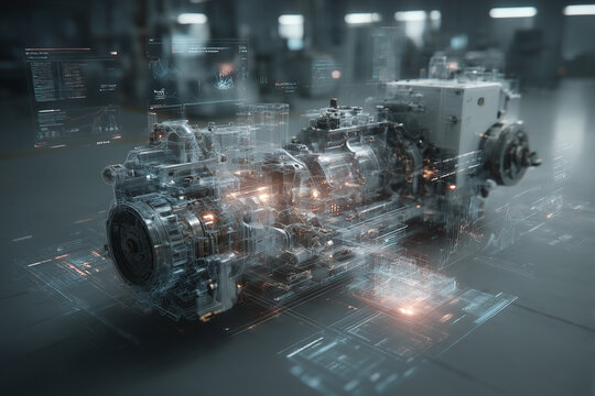 Complex industrial machine rendered as a transparent holographic digital twin with internal components exposed
