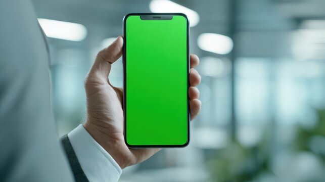 Man in suit holding smartphone with green screen for application or promotional advertisement in office environment