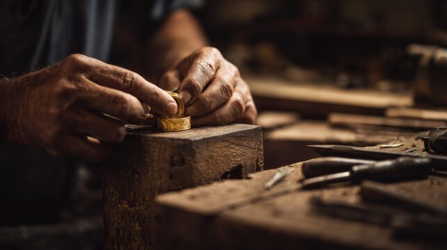 Goldsmith meticulously crafting an exquisite golden ring with precision in a traditional workshop environment - Powered by Adobe