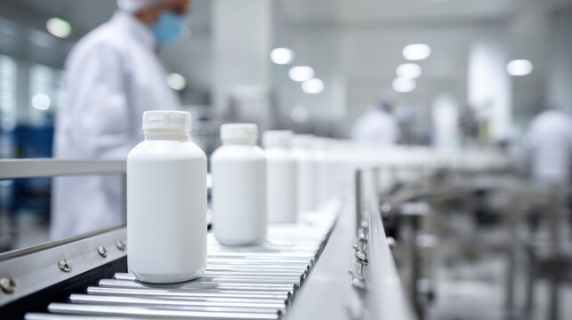 Pharmaceutical Production Line: White Pill Bottles on Conveyor Belt in a Clean Manufacturing Environment