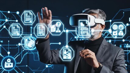 Businessman in VR headset interacting with digital documents and data in a futuristic virtual reality environment. - Powered by Adobe