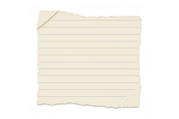 Torn lined paper sheet with curled corner, empty vintage notepad paper piece, transparent background