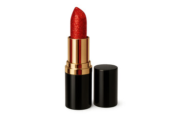 Fototapeta premium Red glitter lipstick opened on a transparent background, showcasing beauty product, make-up, and cosmetics for glamorous fashion