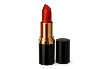 Red glitter lipstick opened on a transparent background, showcasing beauty product, make-up, and cosmetics for glamorous fashion