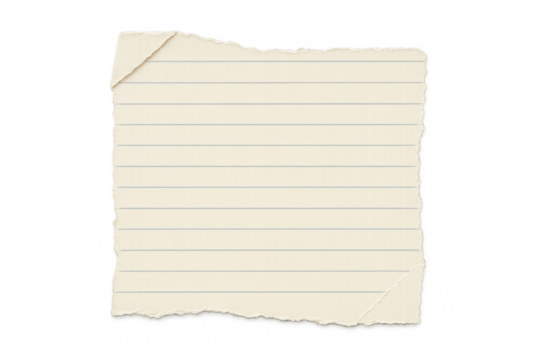 Torn lined paper sheet with curled corner, empty vintage notepad paper piece, transparent background