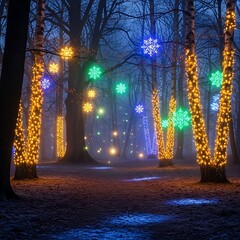Enchanting Winter Forest Illuminated by Festive Snowflake and String Lights.