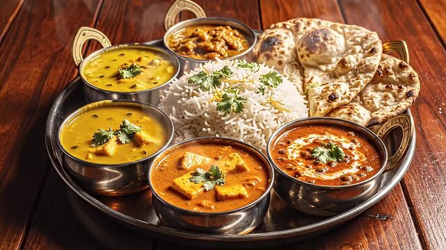 delicious indian thali meal with curries rice naan