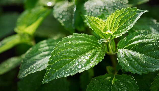 Close Up Of Lush Vibrant Green Pogostemon Cablin Patchouli Plant Eaves Wet From Rain Or Dew Medicinal Plant Used In Aromatherapy