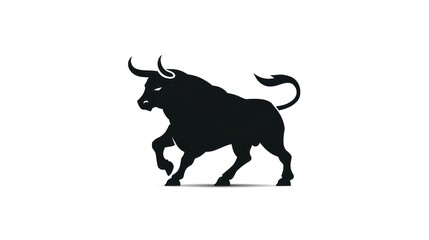 Powerful black bull silhouette with an aggressive stance, dynamic horned animal icon, strength and determination symbol on white.