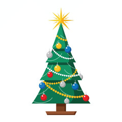 A festive green Christmas tree decorated with colorful ornaments and a shining star on top.