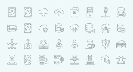 A collection of technology icons including cloud storage, servers, hard drives, security shields, and network diagrams