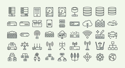 A collection of icons representing networking equipment and data storage devices