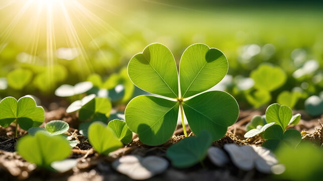 A four-leaf clover bathed in sunlight, symbolizing unexpected fortune and serendipitous events; a concept of divine intervention and blessed fate , spring, divine, meadow