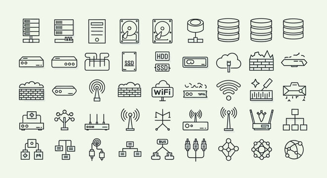 A collection of icons representing networking equipment and data storage devices
