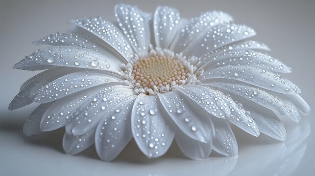 A close-up of a white daisy with water droplets on petals, softly lit on a white surface