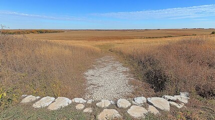 Wide angle of a stone path leading into a vast, dry, open plain under a bright blue sky