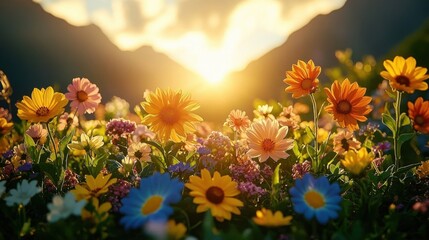 A vibrant meadow of wildflowers blooms, backdropped by a sunlit mountain range