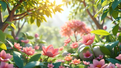 Obraz premium Enchanting Garden Scene: Blooming Pink Lotus Flowers and Lush Green Foliage Under Golden Sunlight