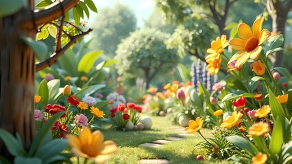 Fototapeta premium Enchanting Garden Path Lined with Vibrant Flowers, Lush Greenery, and Soft Sunlight