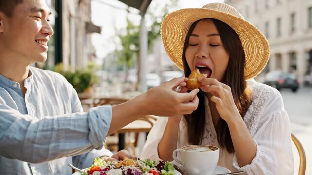 Happy Asian couple enjoying a delightful meal together at an outdoor cafe on a sunny day.
