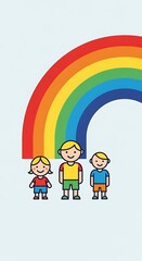 Fototapeta premium Three Happy Children Standing Under a Vibrant Rainbow.