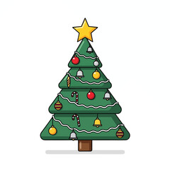 A charming cartoon illustration of a festive green Christmas tree adorned with colorful ornaments, a bright star, and string lights, perfect for holiday celebrations.