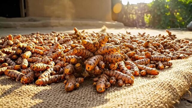 fresh turmeric roots drying in sun harvest