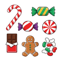 A collection of various colorful candies and sweets including a candy cane, wrapped candies, chocolate bar, gingerbread man, and jelly beans.