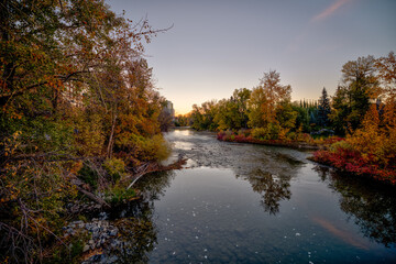 Calgary, Alberta - October 10, 2025: Fall colours along the river pathways and streets of Rideau and Elbow Park neighborhoods in Calgary, Alberta
