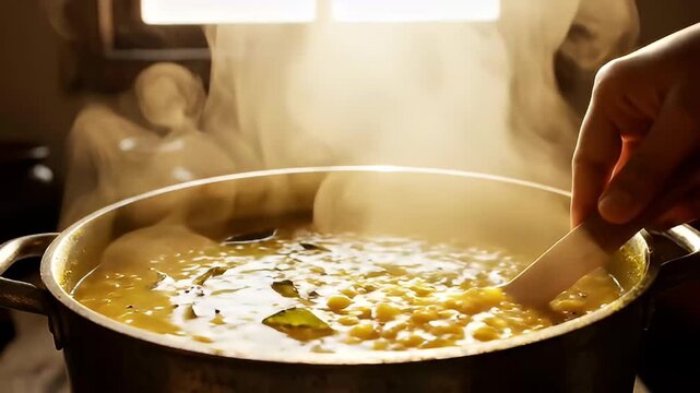 cooking delicious turmeric dal soup pot