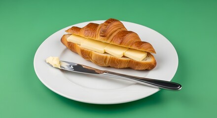 A freshly baked croissant filled with cheese on a white plate with a butter knife against a green background