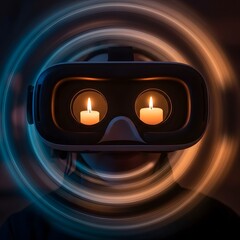 A person wearing a virtual reality headset with candles reflected in the lenses, creating a surreal and immersive visual experience