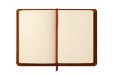 Open notebook with blank pages and a red bookmark, brown leather cover, ready for writing or journaling on transparent background