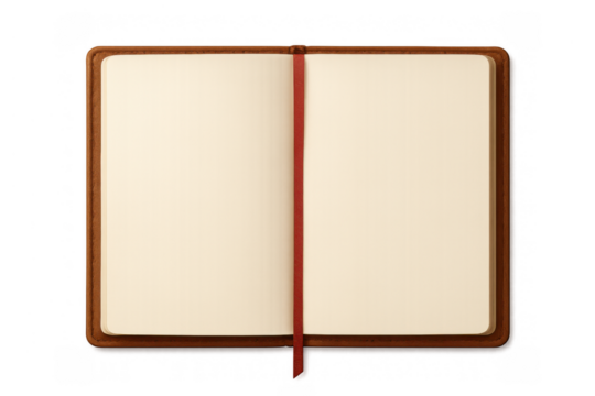 Open notebook with blank pages and a red bookmark, brown leather cover, ready for writing or journaling on transparent background