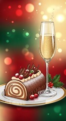 Festive Christmas Dessert with Champagne and Holiday Decorations.