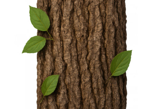 Tree trunk with fresh green leaves growing, representing new life, growth and nature, transparent background
