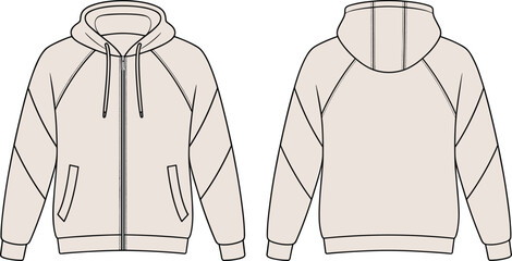 Hooded jacket fashion illustration, technical sketch, zip front closure, raglan sleeve design, welt pocket detail, ribbed cuff hem, sewing pattern, garment template, apparel mockup © Mostofa