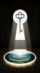 A mysterious key is seen through a keyhole with sunlight illuminating a vibrant Earth landscape on the floor, symbolizing access to global knowledge or secrets