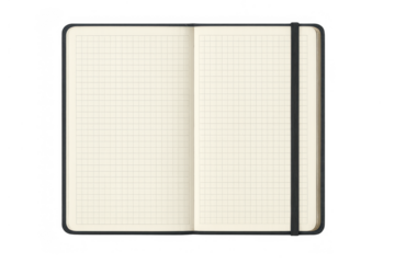 Open notebook with blank grid paper pages, ready for writing, drawing, illustrating, or planning concepts on transparent background