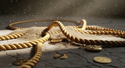 A collection of gold jewelry including necklaces, bracelets, and coins arranged on a textured surface with a sparkling background