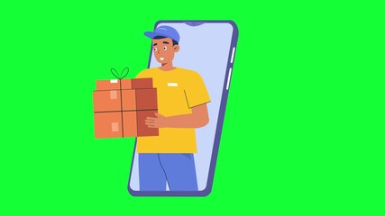 Animated delivery man smiles cheerfully holding boxes from a smartphone on green, promising swift and reliable package shipping animation