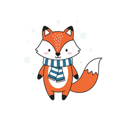 Cute cartoon fox wearing a blue and white striped scarf with snowflakes in the background, standing upright.