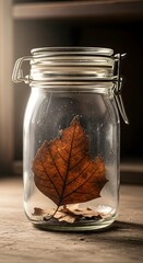 A dried autumn leaf inside a glass jar with a metal clasp, placed on a wooden surface with a blurred background, creating a cozy and rustic atmosphere