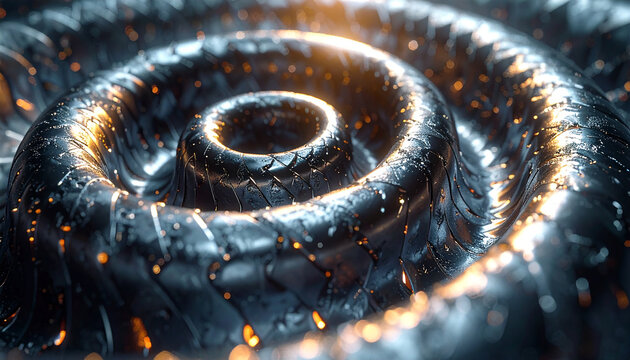 Hypnotic Spiral of Innovation: A captivating abstract composition showcasing an intricate spiral of a complex metal texture, illuminated with dynamic streaks of light.