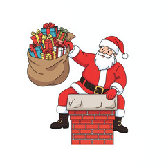 A cartoon illustration of Santa Claus sitting on a red brick chimney, holding a large sack filled with colorful Christmas presents.