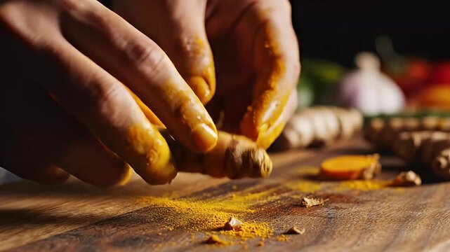 hands preparing fresh turmeric root
