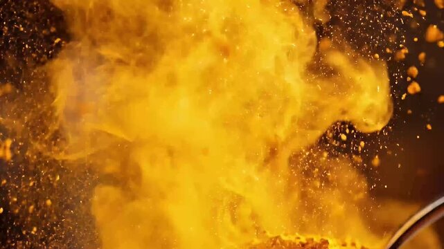 dynamic turmeric powder splashing from spoon